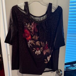 Catherines Black Floral Blouse with Chain Detail